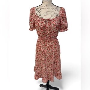 Monteau Los Angeles Red Floral Midi Dress Puff Sleeve Smocked Waist Size M